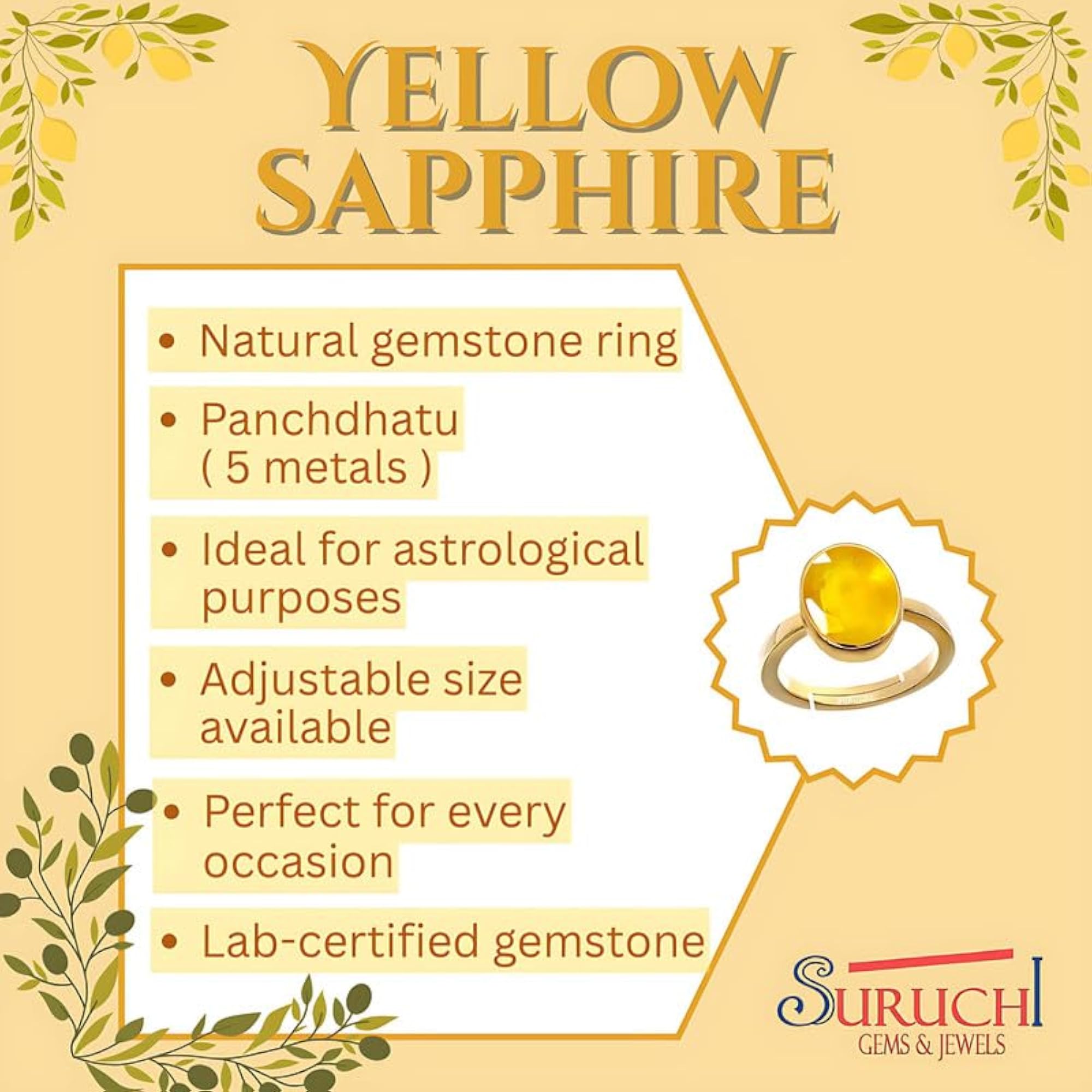 Yellow Sapphire Panchdhatu Adjustable Ring, Astrological Gemstone